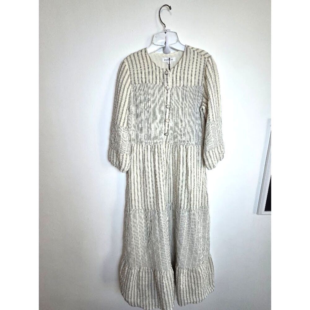 NWT HARPER Cream w/Black Stripes Cotton Prairire Button Front Maxi Dress Small